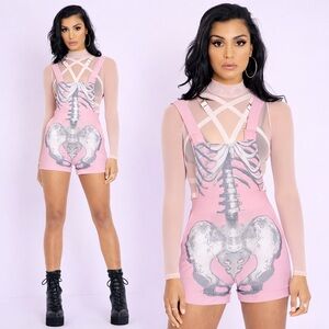 Black Milk Ribs Pink Short Overalls XS NWT BMC Skeleton Heart Pastel Goth Museum